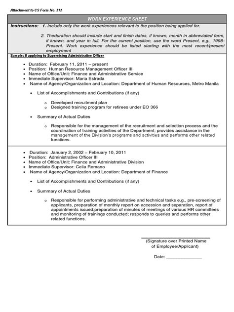 www.csc.gov.ph work experience sheet